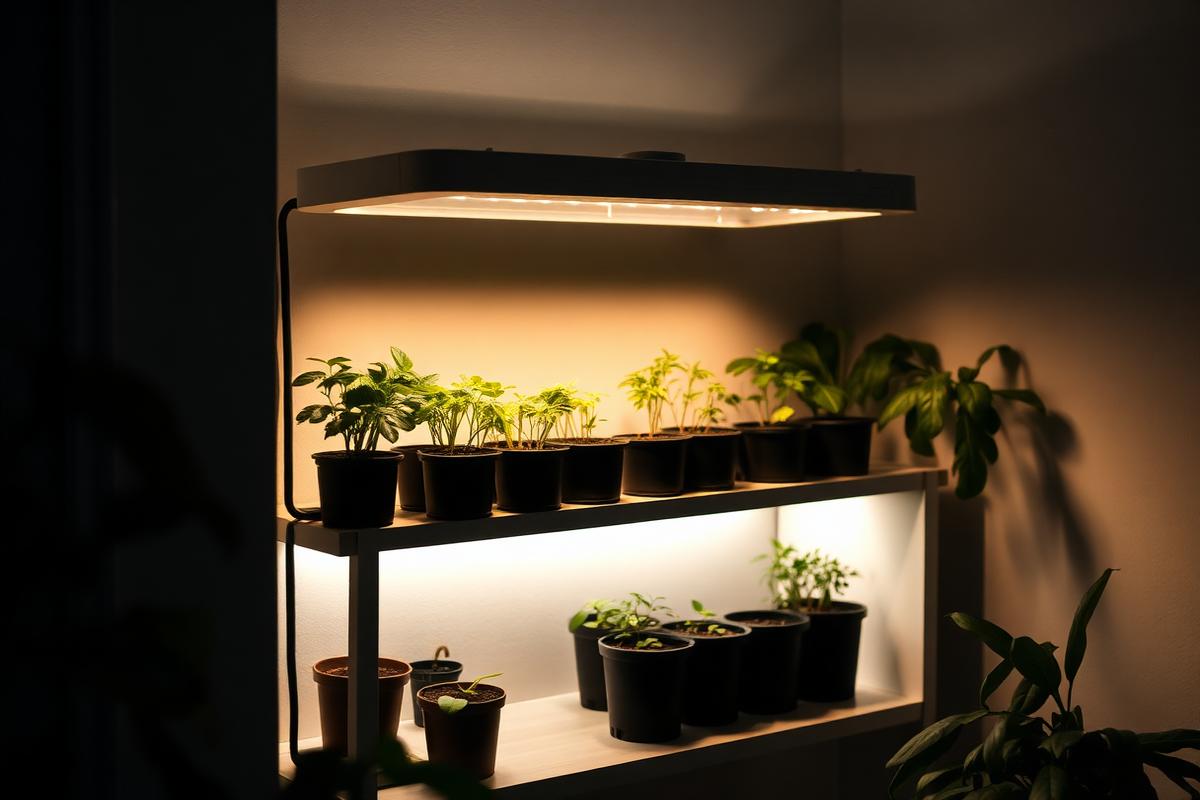 A small LED grow light shining over seedlings on a shelf in a dim room