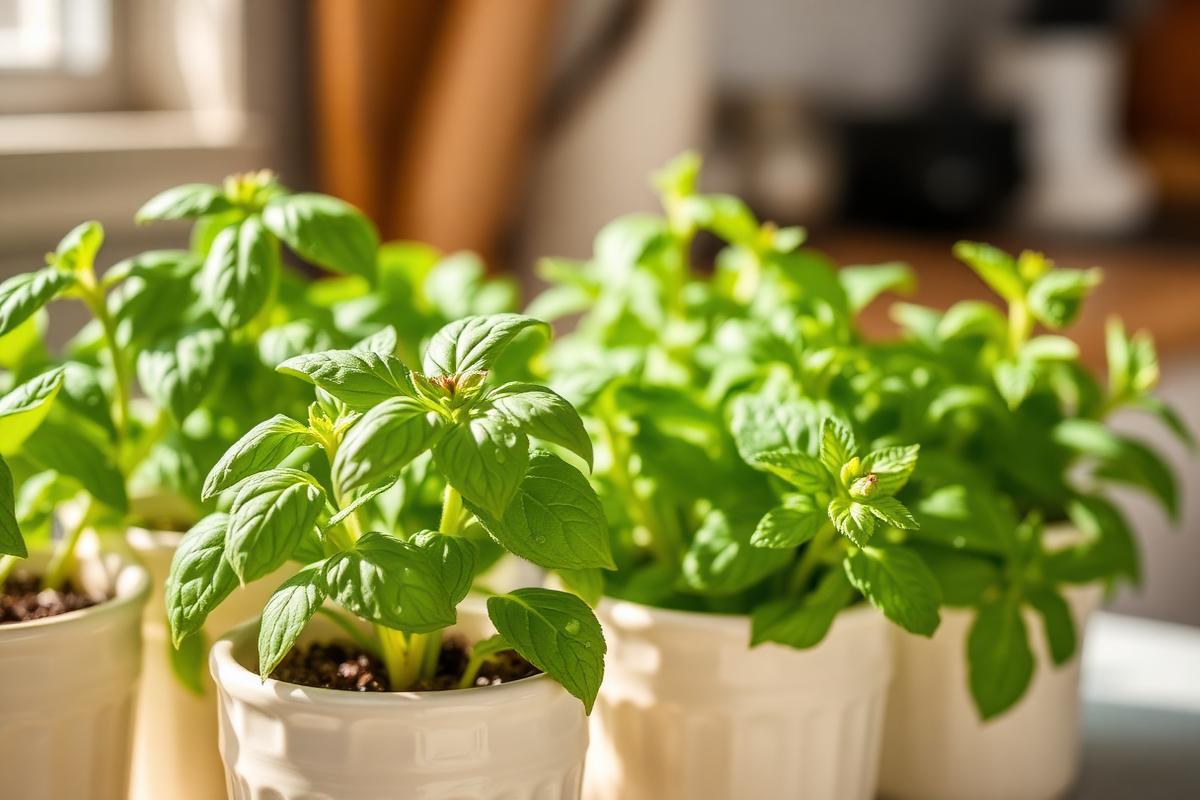 Fresh basil and mint growing in cream ceramic pots on a kitchen counter