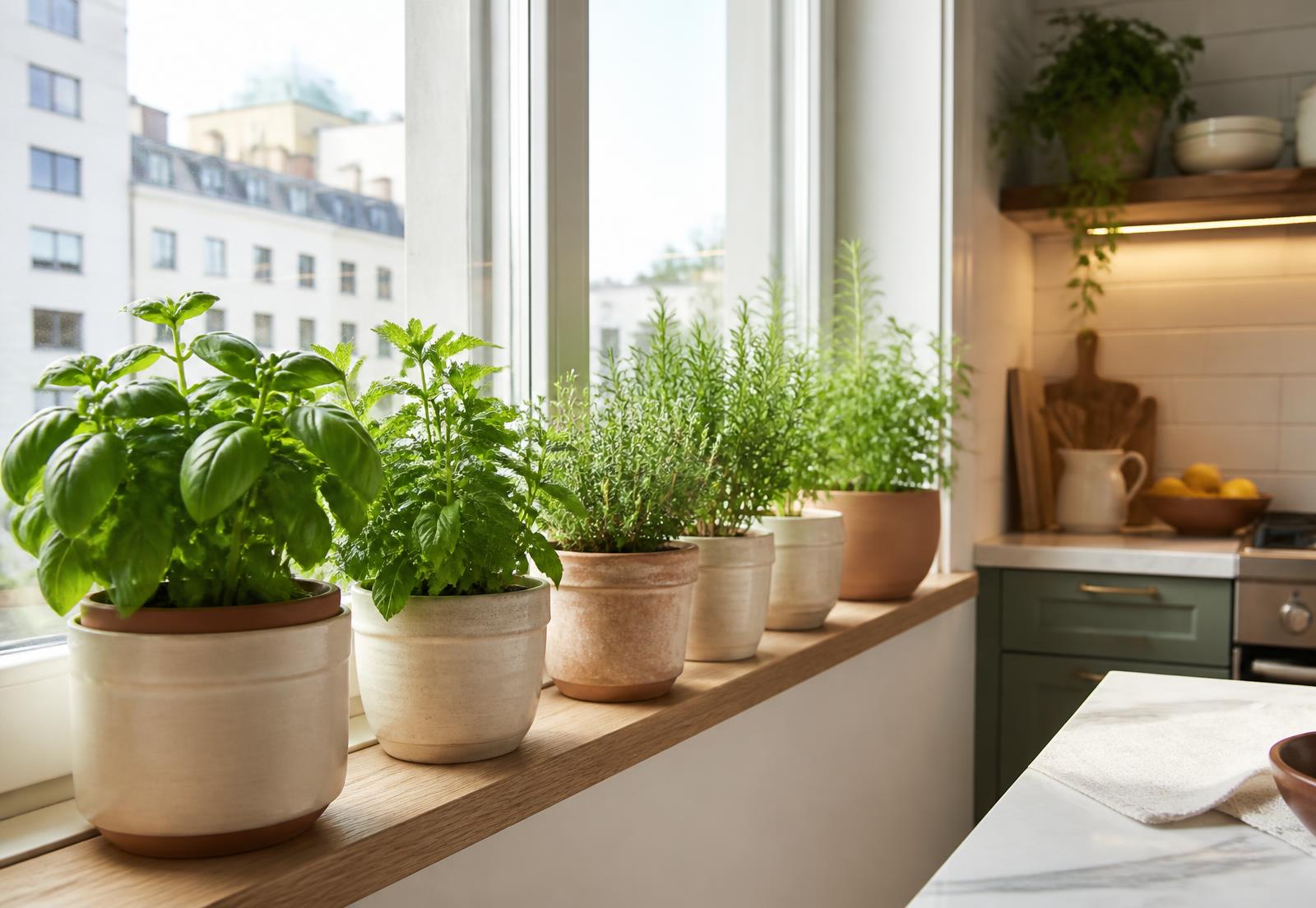 Potted basil, mint and rosemary lined up along a sunny apartment kitchen windowsill