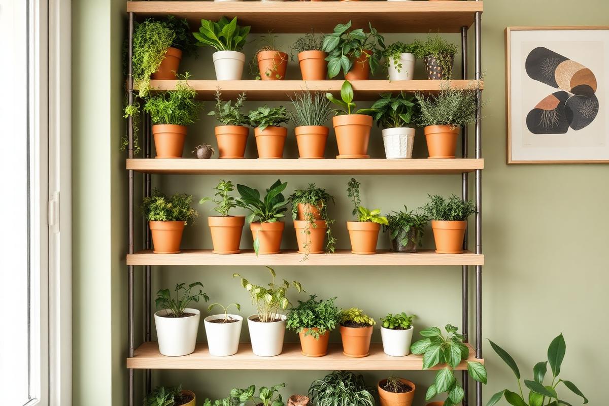Vertical shelving unit filled with small potted plants against a sage green wall