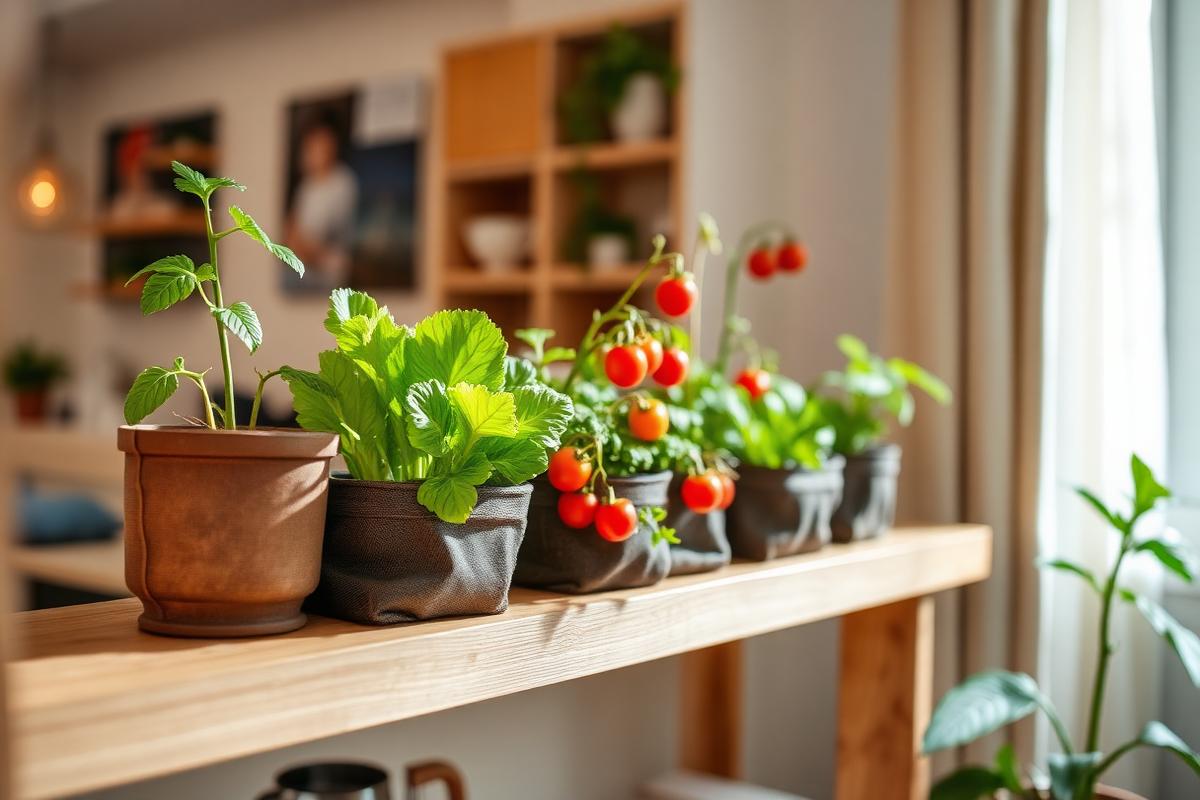 Lettuce and cherry tomato plants in containers on a wooden shelf indoors